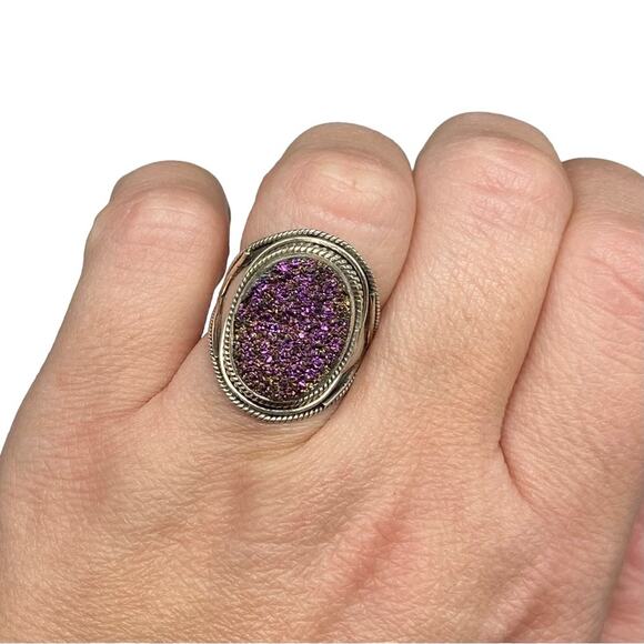 Purple Druzy Ring Solid Sterling Silver 925 Size 6 Natural Stone Oval Boho - Picture 3 of 9